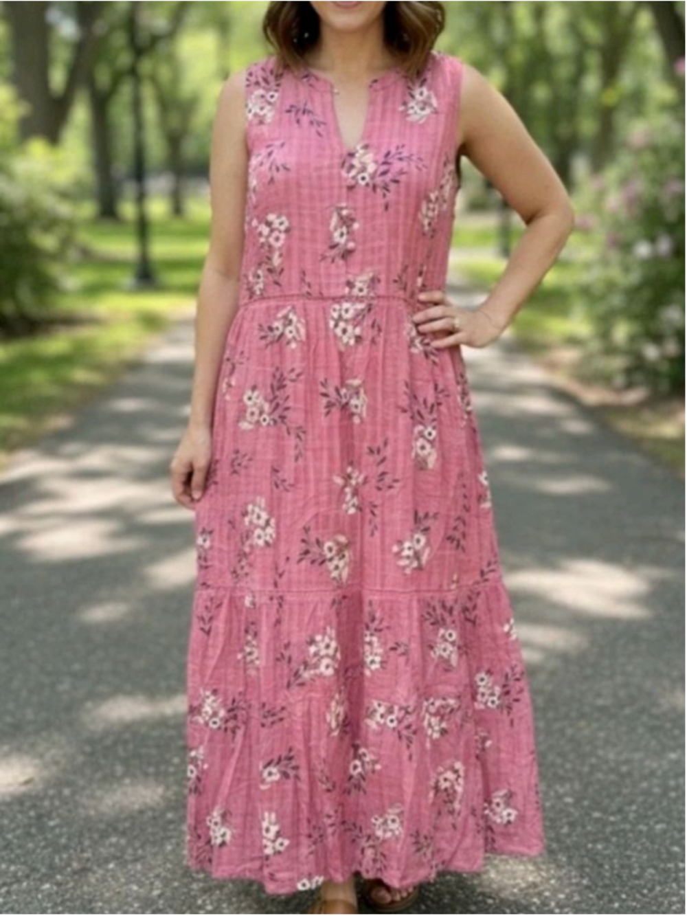 J.Jill Pink Floral Sleeveless Tiered Maxi Dress S TALL rayon boho pockets